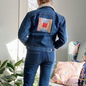 Quilted Denim Jacket, 70s-style Jean Jacket with Upcycled Quilt Block Detail